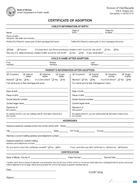 Download USA Illinois department of public health adoption certificate Photoshop template